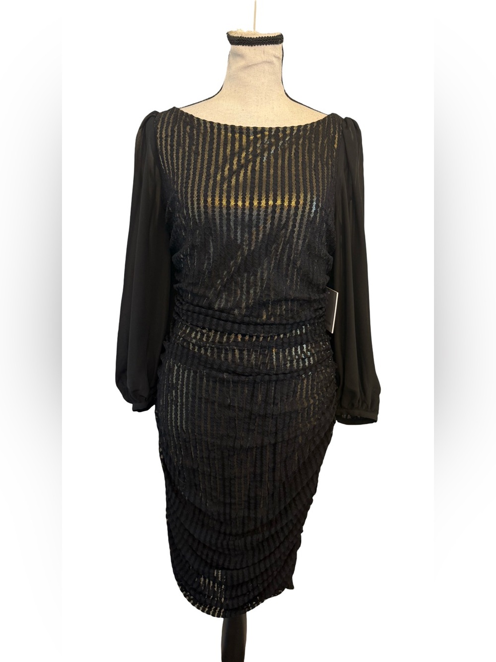 Marc New York Andrew Marc Black Gold Metallic Lace Ruched Cocktail Dress 10 NWT
